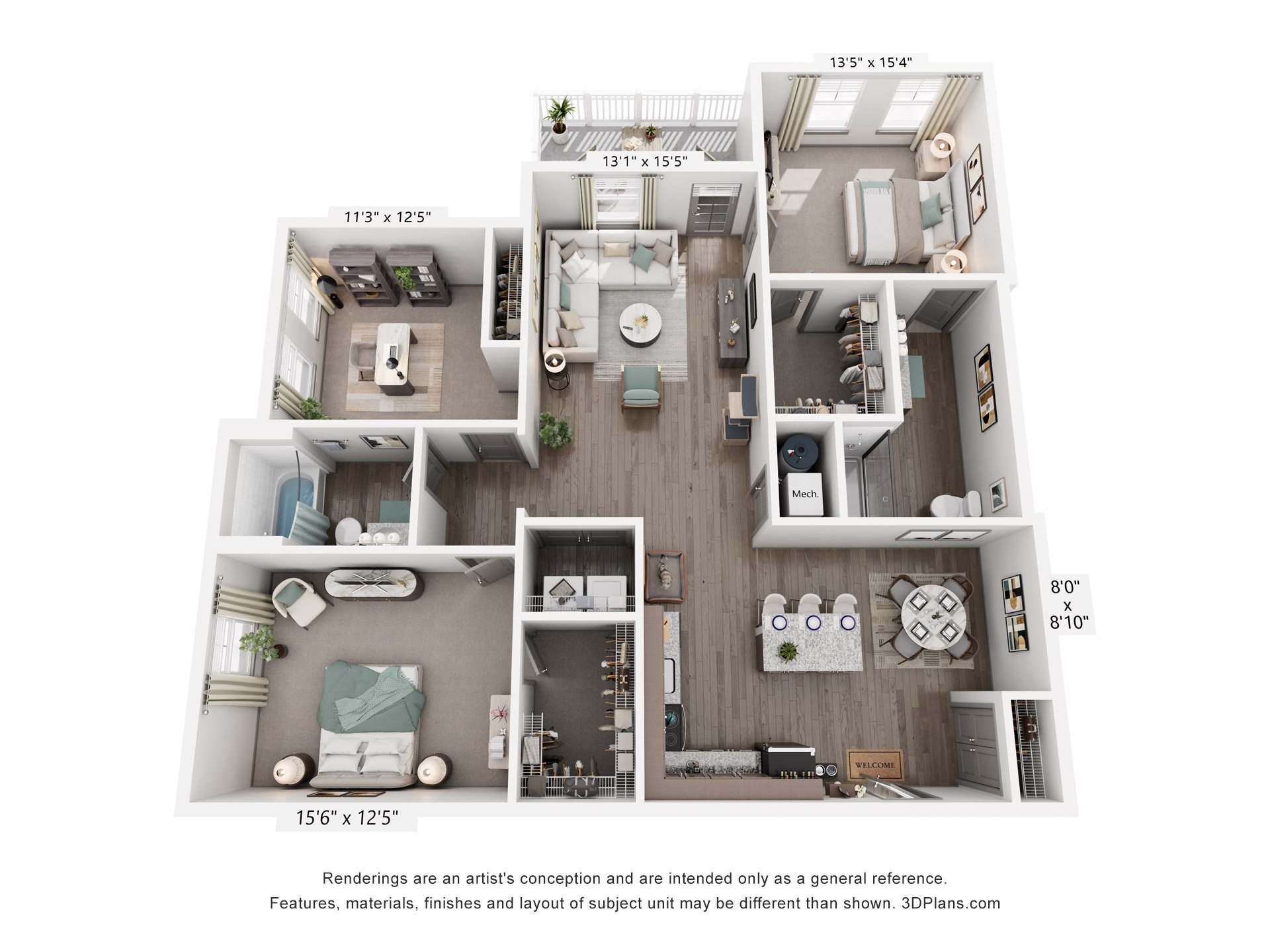 Floor plan for 3 beds, 2 baths, 1521 sqft